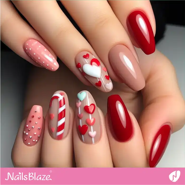 Glossy Pink and Red Lollipop and Sweetheart Candy Nail Design | Valentine Nails - NB2203